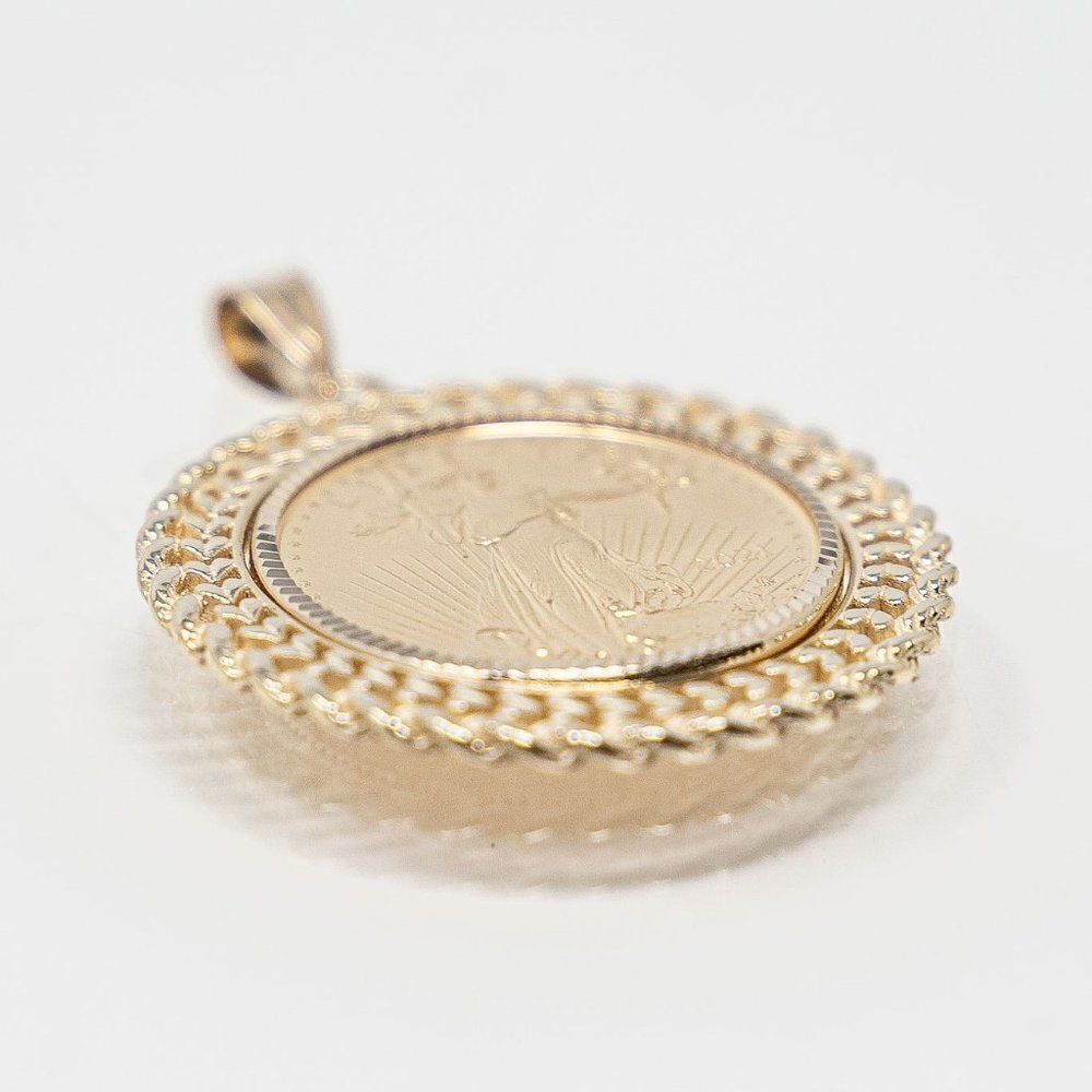 New 14k Gold Double Row Diamond Cut Bezel With 1/4oz American Eagle Coin - Picture 15 of 15